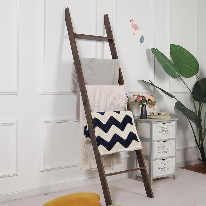 Blanket Ladder for the Living Room and Bedroom, Quilt Rack, Rustic Hickory | 5ft 8 inch, 6-Tier Wall Leaning Blanket Holder, Laminate Snag Free, Rustic Decorative Farmhouse Ladder Shelf for Blankets
