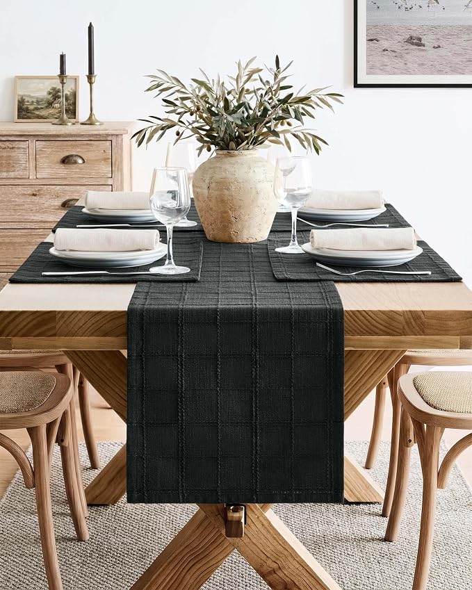 ZeeMart Linen Checked Farmhouse Table Runner, 13x90 Inches Black | Raised Grid Design, Rich Woven Texture, Linen Blend Table Runners 90 Inches Long, Machine Washable, Boho Home Kitchen Decor