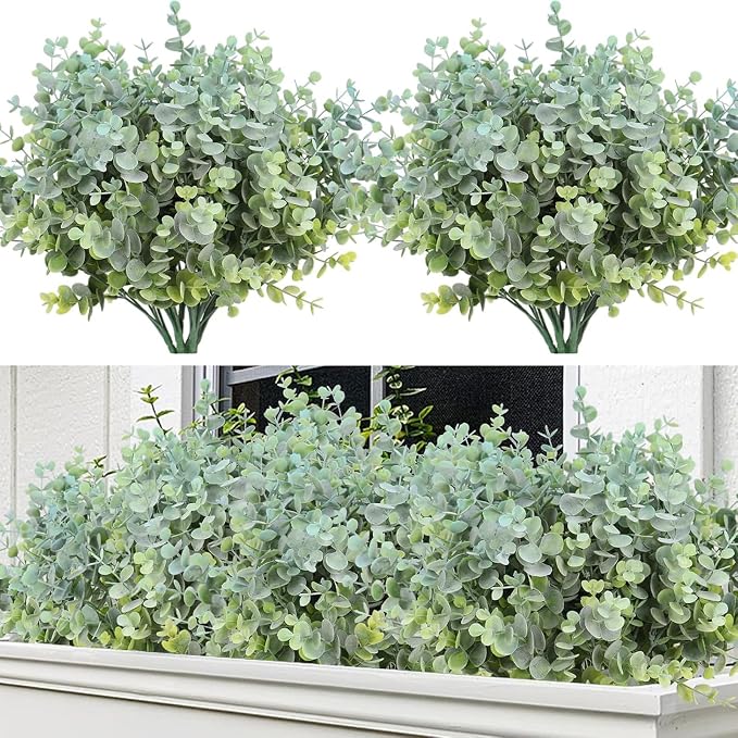 RECUTMS 8Bundles Artificial Eucalyptus Greenery Stems Plant 13In Dusty Blue | Plastic Boxwood Shrub Branch,No Maintenance,Weather-proof,long-term Reuse,Farmhouse Garden Vase Outdoor Planter Wedding Decor