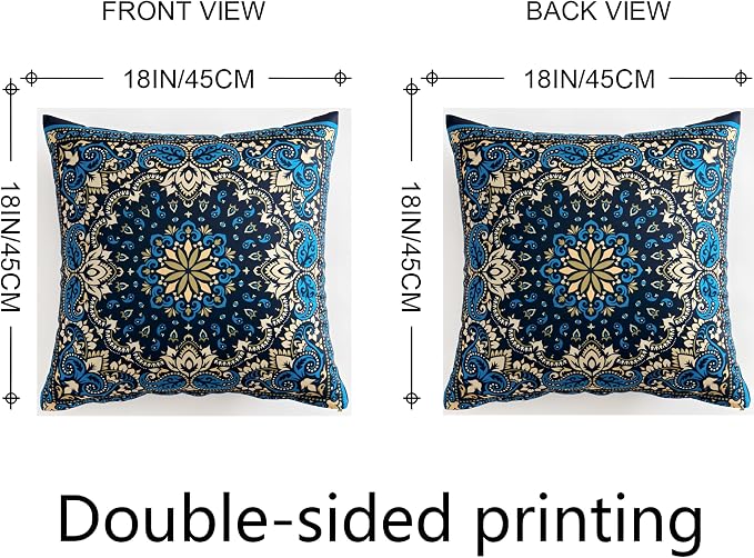 Boho Throw Pillow Covers 18X18 Inch Set of 2 Bohemian Soft Velvet Couch Pillow Cases Farmhouse Decorative Pillow Covers for Sofa Living Room Bedroom Outdoor Patio Porch Indigo Motif