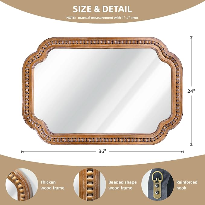 24x36 Inch Farmhouse Beaded Wall Mirror | Wood Scalloped Decorative Mirror, French Vintage Accent Mirror for Bathroom, Entryway & Glam Boho Decor