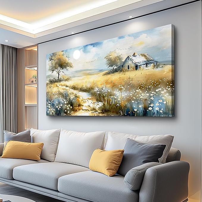 KELIYUAN Large Country Field Painter House Decorated Wildflower Field Landscape Painting Living Room Decorated Wall Art Modern Print Canvas Farmhouse Office Bedroom Wall Decorated 30 X 60 Inches