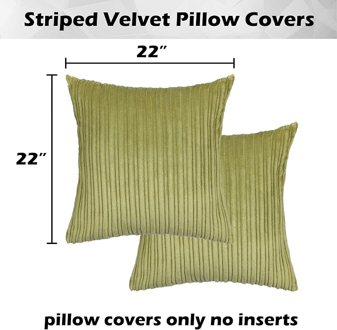 Kevin Textile Striped Corduroy 22”x22” Pillow Covers 2 Pack, Green