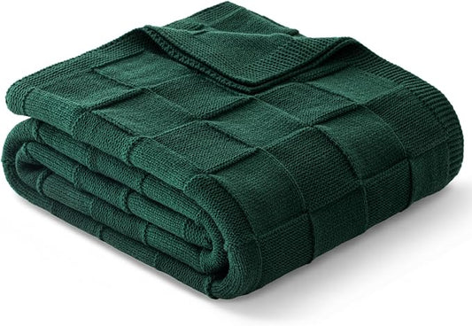 Whale Flotilla Checkered Knit Throw Blanket for Couch, Dark Green | Soft Decorative Knitted Blankets for Couch Sofa Bed, Lightweight Cozy Throws for Spring Summer, 60x80 Inch