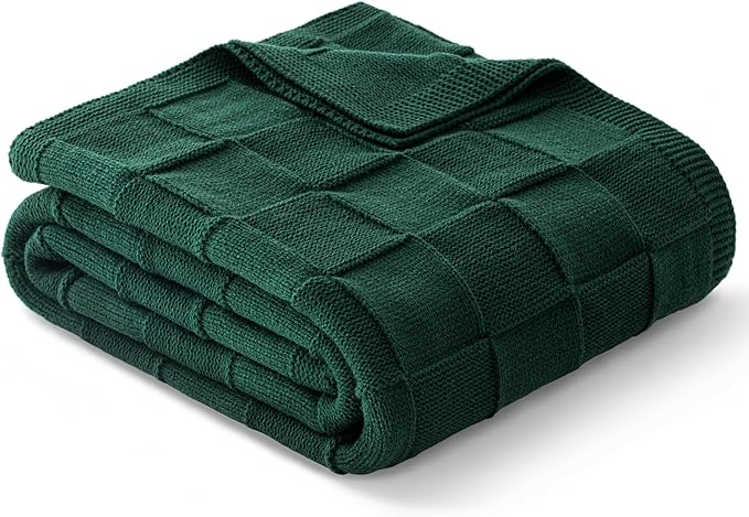 Whale Flotilla Checkered Knit Throw Blanket for Couch, Dark Green | Soft Decorative Knitted Blankets for Couch Sofa Bed, Lightweight Cozy Throws for Spring Summer, 50x60 Inch