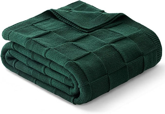 Whale Flotilla Checkered Knit Throw Blanket for Couch, Dark Green | Soft Decorative Knitted Blankets for Couch Sofa Bed, Lightweight Cozy Throws for Spring Summer, 50x60 Inch