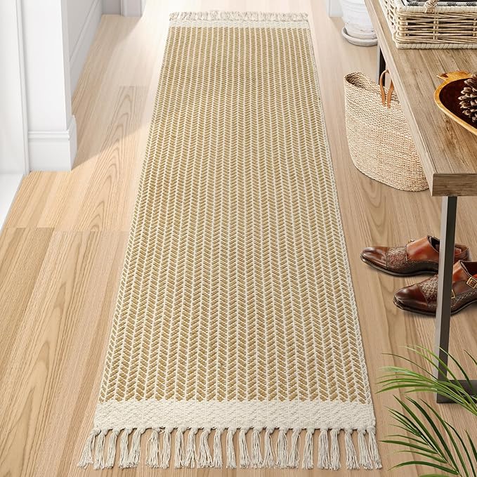 Lahome Boho Bathroom Runner Rug, 2x7 Washable Rugs for Laundry Room Hallway | Woven Cotton Hallway Rugs with Tassels, Farmhouse Decor Mat, Non Shedding Lightweight Low Pile Carpet for Kitchen Bath, Khaki