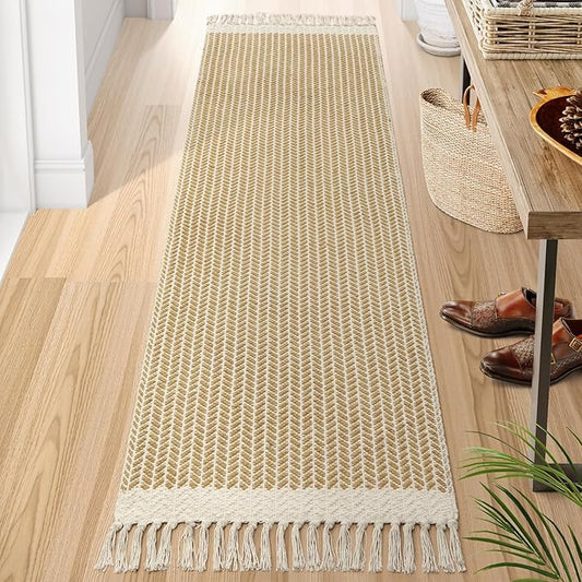 Lahome Boho Bathroom Runner Rug, 2x7 Washable Rugs for Laundry Room Hallway | Woven Cotton Hallway Rugs with Tassels, Farmhouse Decor Mat, Non Shedding Lightweight Low Pile Carpet for Kitchen Bath, Khaki