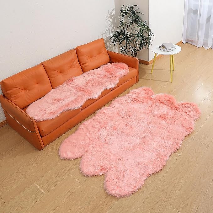linmopm Faux Fur Rug Sheepskin Shag Fluffy Fuzzy Pink 4x6 ft Rugs for Bedroom Bedside Bed Floor Living Room Plush High-Density Cushion Carpet Super Sofa Cover