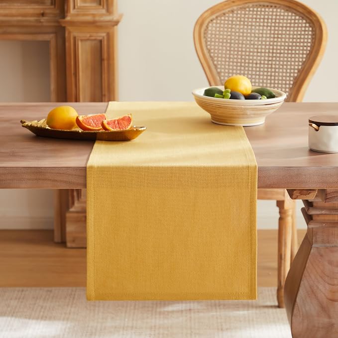 ZeeMart Rustic Cotton Linen Table Runner, 13x90 Inches Yellow | Farmhouse Style Linen Table Runners 90 Inches Long, Washable Kitchen Dining Table Decoration for Home Party Decor