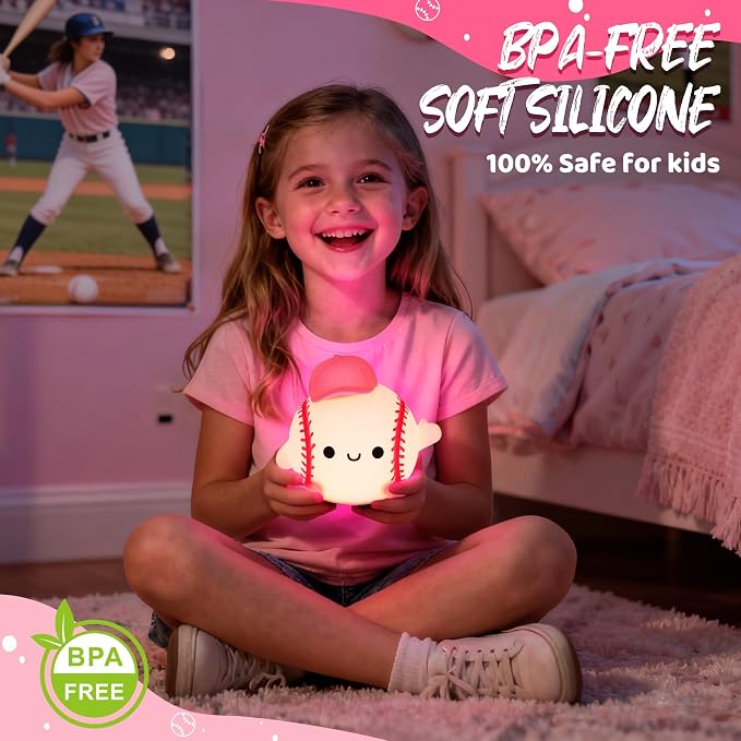 Attivolife Softball Night Light for Girls, Silicone LED Touch Lamp Rechargeable Nursery Bedroom Bedside Decor, Birthday Valentine's Day Gifts for Kid Girl Women Sport Lover