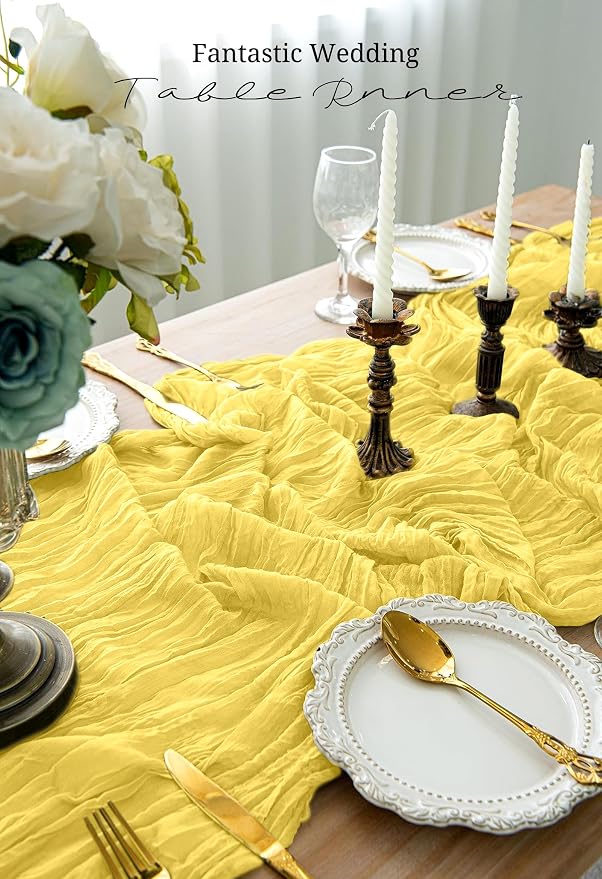 10 Pack Light Yellow Cheesecloth Table Runner 17x108 Inch Boho Gauze Cheese Cloth Table Runners for Wedding Party Baby Shower Birthday Home Decor