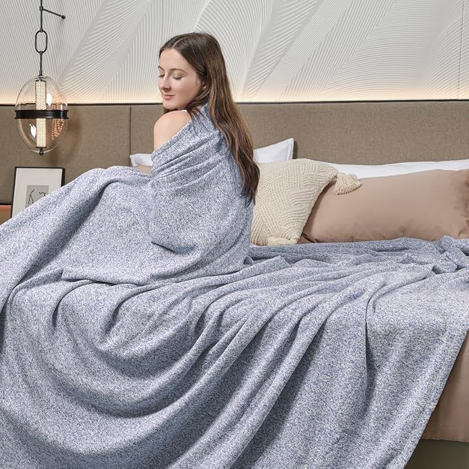 KAWAHOME Summer Sweatshirt Throw Blanket for Bed Lightweight Soft Thin | Breathable Jersey Blankets for Hot Sleepers in Air-Conditioned Room, Home Decor Holiday Gift, 50 X 60 Inches, Heather Blue