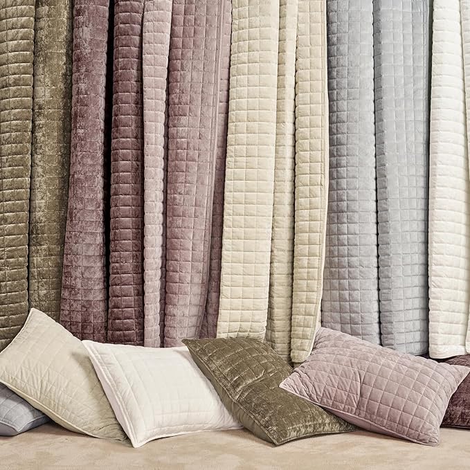 RECYCO Channel Box Stitch Velvet Quilt Set, King Size, Beige | Ultra Soft Lightweight Velvet Comforter, Luxury Oversized Bedspread Coverlet, Quilted Bedding Set for All Season with 2 Shams