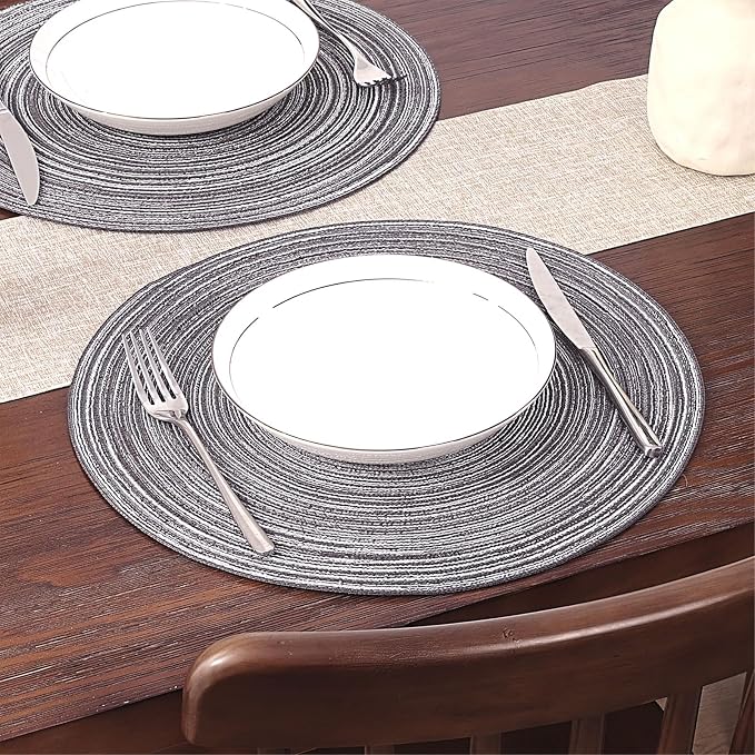 SHACOS Round Braided Placemats Set of 8 Round Table Mats for Dining Tables Non Slip Washable (Black Gray, 8)