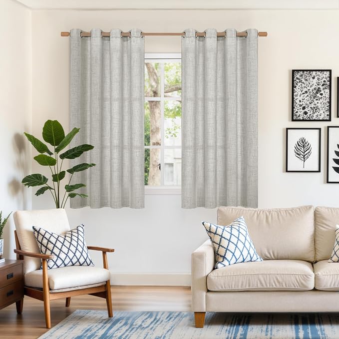 YoungsTex Linen Curtains 54 Inch Length Light Grey Textured Curtains with Bronze Grommet Light Filtering Drapes for Living Room Bedroom, 52 x 54 Inch, 2 Panels