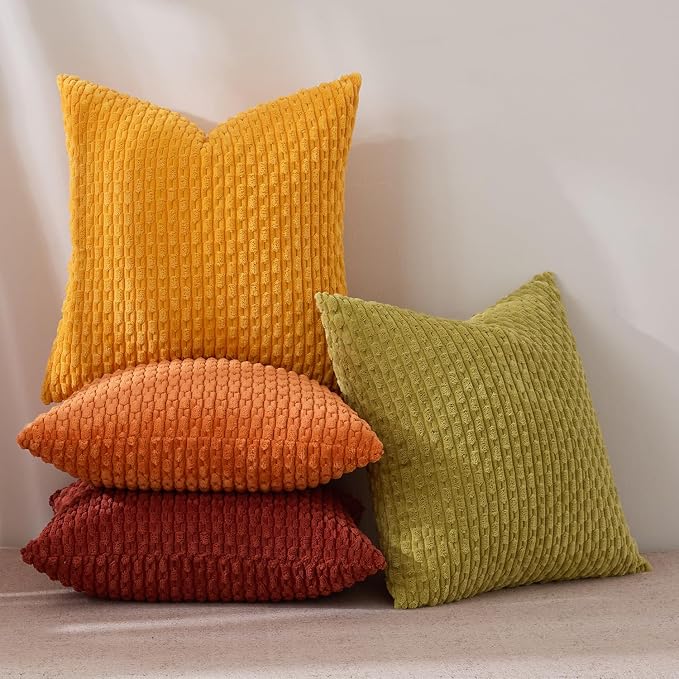 Kevin Textile Spring Decorative Pillow Covers 18x18 Inch Set of 4 Soft Boho Corduroy Throw Pillow Cases Mix and Match Colors Plush Texture Pillows for Sofa Couch Bedroom Home Decor Cream Green/Orange