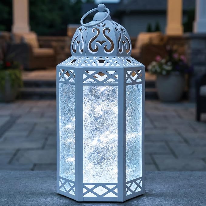 Vela Lanterns Decorative Indoor White Fairy Light Wedding Candle Holder, L | Fantasy Moroccan Decor, Ramadan & Eid Table Centerpieces, Metal Hanging Flameless LED Lamp, Outdoor Porch Patio, 12" Tall