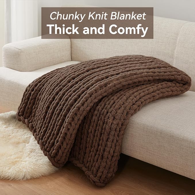 Negwoo Chunky Knit Throw Blanket, Knitted Throw Chenille Yarn, 30"*40" | Soft Thick Cable Knitted Blankets, Handmade Big Thick Blanket, Machine Washable Cute Comfy Blanket for Home Decor, Dark brown