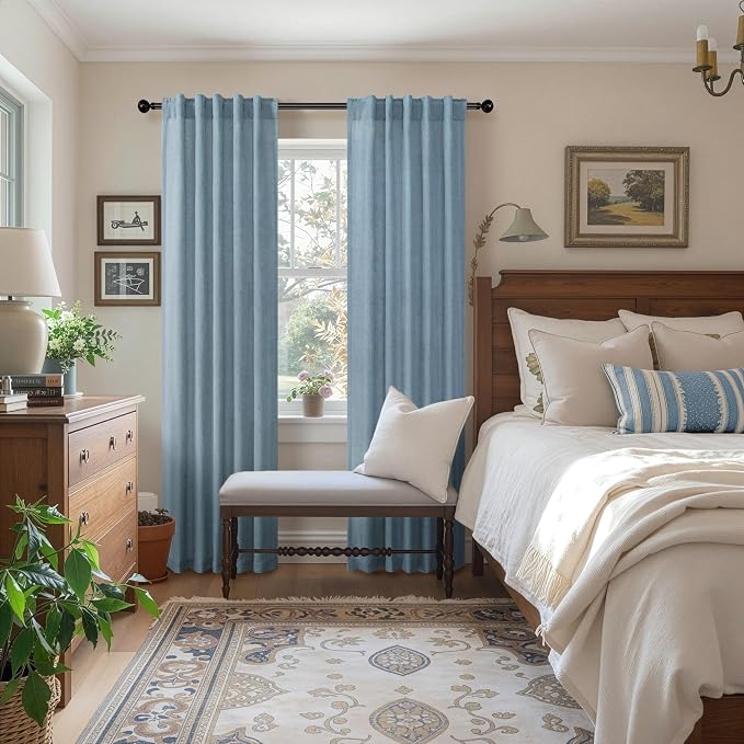 Light Blue Curtains 38 Inch Wide for Living Room 2 Panels Back Tab Rod Pocket Lightweight Semi Sheer Linen Skinny Small Curtains for Windows Farmhouse Bedroom Decor Grey Blue Gray Width 38 x 96 Long