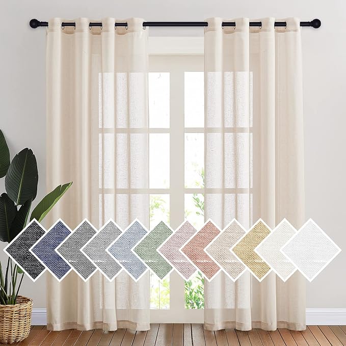 NICETOWN Semi Sheer Beige Curtains 84 inches Long, Grommet Retro Linen Curtains Window Treatments Vertical Drapes Privacy with Light Filter for Living Room, W52 x L84, 2 Panels