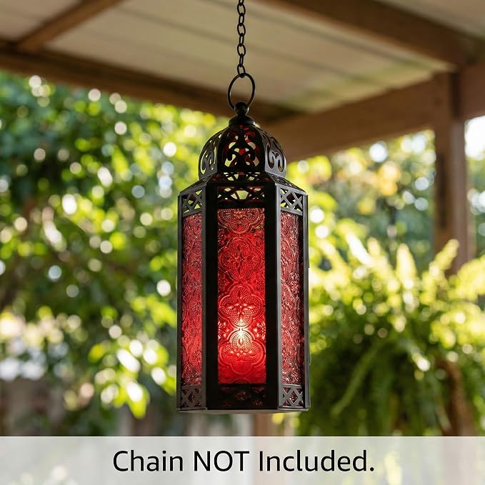 Vela Lanterns Decorative Indoor Moroccan Candle Holder Lamp, Red, M | Gothic Dark Academia Decor, Whimsigoth, Medieval & Vampire Decor, Hanging Turkish Lamp, Halloween Centerpiece, 10.5" Tall