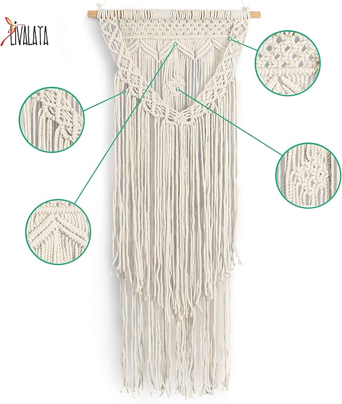 Boho Macrame Wall Hanging Woven Decor - Ivory 16 x 36 Inches Modern Bohemian Farmhouse Wall Art Tapestry Decor for House, Apartment, Dorm Room, Nursery, Party Decorations, Wedding, Wall Ornament