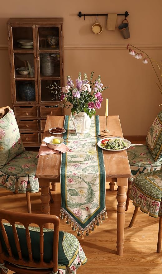 Patdrea Designer Vintage French Linen Table Runner,12"X87"-Cecilia A | Tablerunner 87 Inches Long,Green Floral Print,Decorative Runner for Dining Room Living Room Banquet,Tassel Edge