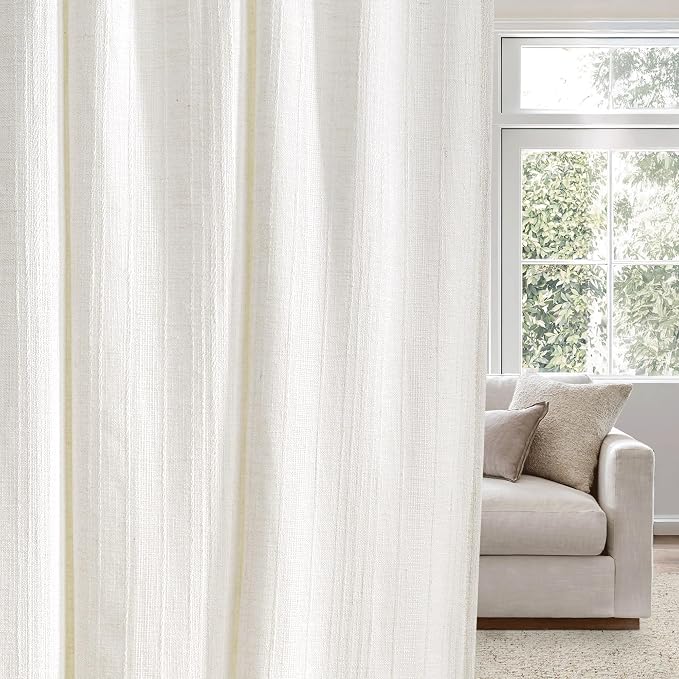NICETOWN Natural Boho Linen 108 inch Curtains for Living Room, Jacquard Weave Waffle Pattern Privacy Light Filtering Floor Length Drapes, W52 x L108, 2 Panels