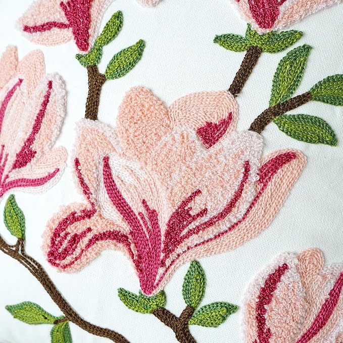 vctops Farmhouse Magnolia Flower Cotton Tufted Throw Pillow Cover Spring Floral Embroidery Pillowcase Soft Square Cushion Case for Sofa Couch Bed Chair (Pink E,18"x18")