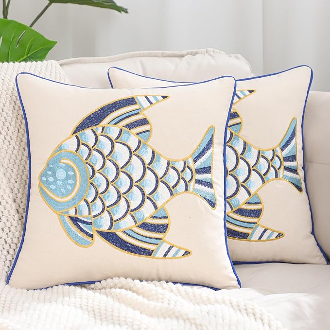LUOYEHK Embroidered Pillow Covers 18x18 Set of 2 Summer Coastal Blue Fish Decorative Pillow Cases Ocean Themed Canvas Cushion Covers for Couch Sofa Bed Living Room