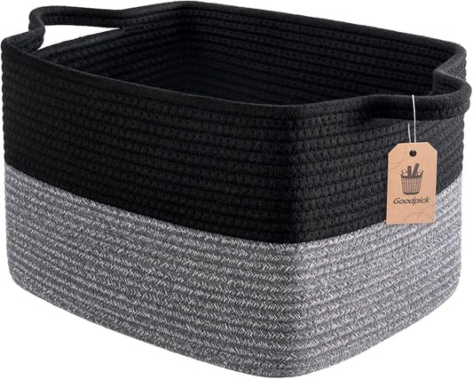 Goodpick Woven Storage Basket for Shelves, 13" x 10" x 9", Black & Gray | Decorative Gift Basket for Nursery & Bedroom, Cotton Rope Baskets for Toys, Books & Daily Essentials, Rectangle Design