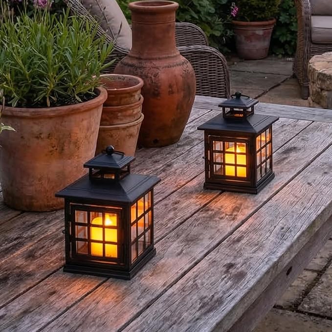 TRIROCKS Set of 2 Decorative Candle Lantern Metal Candle Holder Hanging Lantern Perfect for Home Decor Halloween Living Room Parties Events Tabletop Indoors Outdoors (Black)
