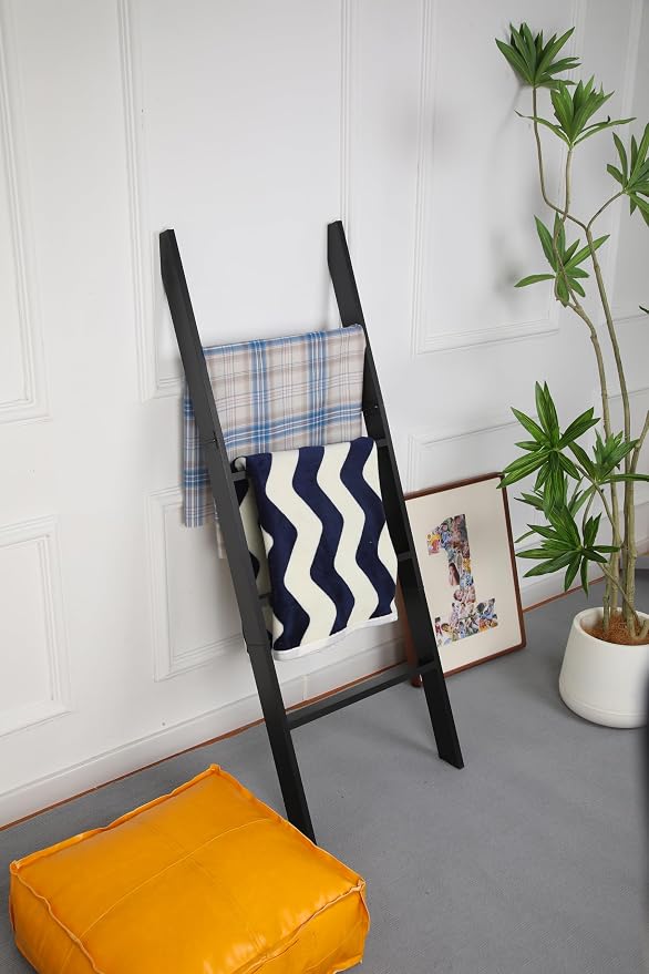 Blanket Ladder for the Living Room and Bedroom, Quilt Rack, 4-Tier, Black | 4 ft, Wall Leaning Blanket Holder, Laminate Snag Free, Rustic Decorative Farmhouse Ladder Shelf for Blankets