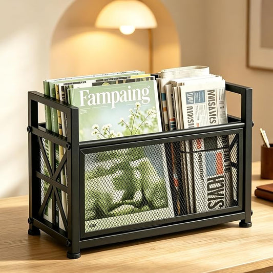 Large Magazine Rack Floor Stand, Metal Black Magazine Holder Floor,14" Mesh Magazine File Holder Storage Basket Shelf Box Bin Folder Organizer for Magazines, Books, Newspapers, Tablets