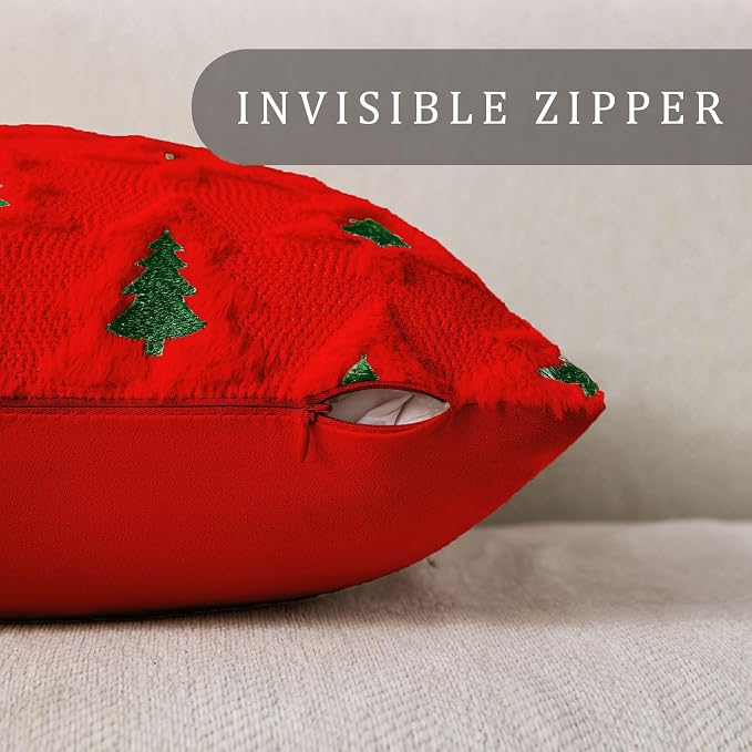 Allorry Christmas Pillow Covers 20x20 Set of 2 Red Green Double Xmas Tree Pillow Covers Soft Plush Faux Fur Christmas Decorations for Xmas Winter Holiday Home Bedroom Sofa Cushion Cases PT-008E20