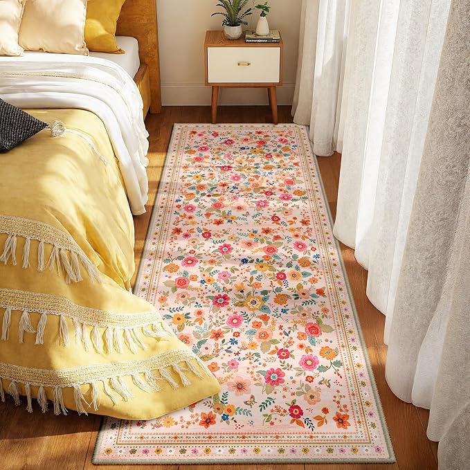 Washable Floral Area Rug for Living Room Runner 2x6 Pink Beige | Non-Slip，Vacuum-Friendly, Low Pile, Flower Carpet for Bedroom Kitchen Entryway Dining Room Office Nursery