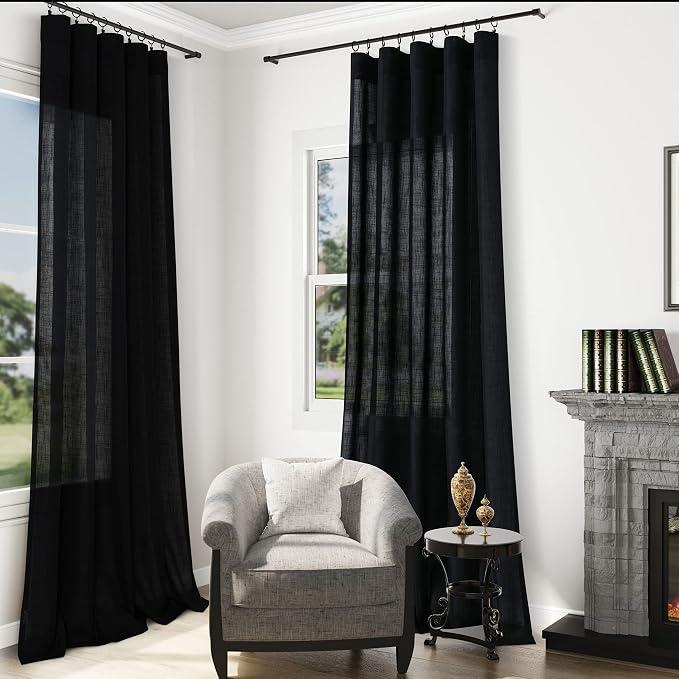 Black Linen Curtains 108 Inch Length for Living Room Bedroom 2 Panels Set Rod Pocket Light Filtering Semi Sheer Window Curtains 52 Inch Width Boho Farmhouse Linen Drapes, W52xL108