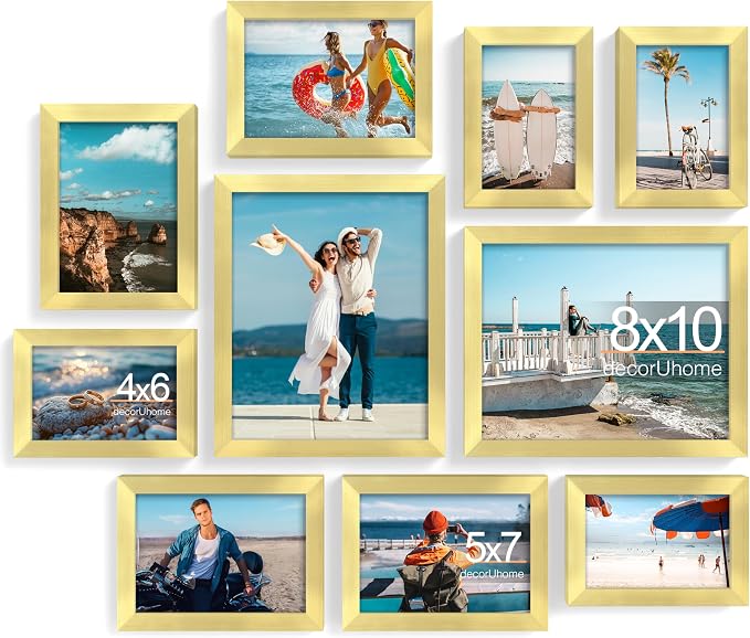 decorUhome 10 Pack Assorted Picture Frame Set for Wall & Tabletop, P0710GD | Gold, Multi Size Picture Frame Includes Two 8x10 / Four 5x7 / Four 4x6 for Family Gallery Wall