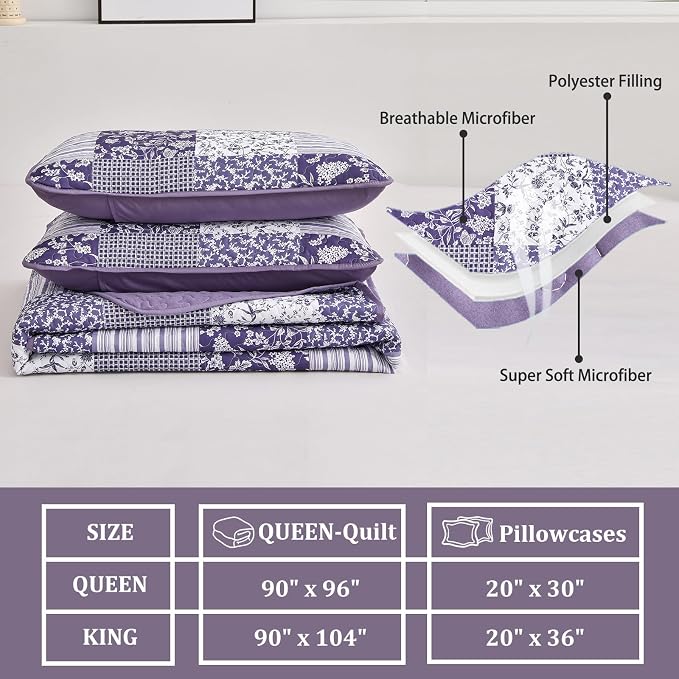 Mybedsoul Purple Quilt California King, Patchwork Floral Bedding Set | Soft Lightweight Microfiber Coverlet Set,3 Pieces Plaid Reversible Bedspread, Bed Sets for All Seasons 110"x96"