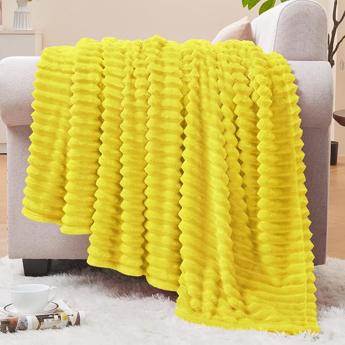 BEDELITE Ribbed Jacquard Yellow Fleece Throw Blanket for Couch, 50x60 Inch | Soft Warm Decorative Fluffy Blanket, Cozy Plush Lightweight Fuzzy Throw Blanket for Bed Sofa Home Room Decor, Gift for Women