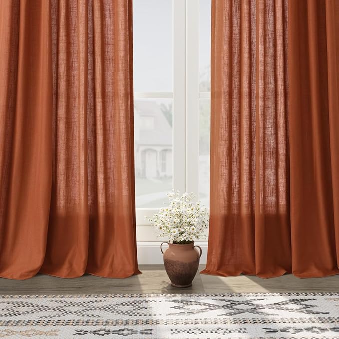Extra Wide Linen Curtains for Living Room 90 Inches Long Terracotta Light Filtering Semi Sheer Boho Farmhouse Curtain for Bedroom Office Luxury Back Tab and Rod Pocket 100x90, 2 Panels