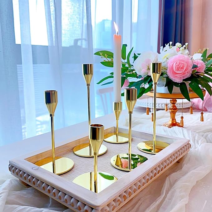 Gold Candlestick Holders, Metal Taper Candle Holders, Set of 6 | Elegant gold candle stands, 3 heights, for wedding centerpieces, dining tables, mantels, parties, Thanksgiving and home decor