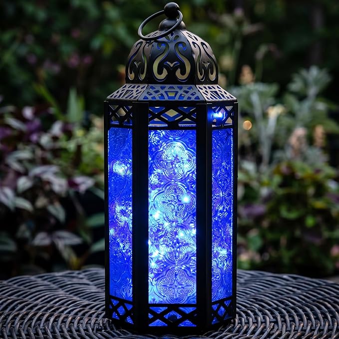 Vela Lanterns Decorative Indoor Fairy Light Candle Holder, Cobalt Blue, M | Fantasy Moroccan Decor, Ramadan & Eid, Wedding Table Centerpieces, Metal Hanging Bathroom Lamp, Outdoor Patio, 10.5" Tall