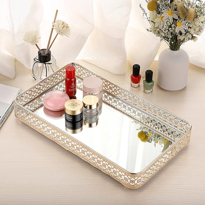 ELLDOO Gold Mirror Glass Perfume & Makeup Vanity Tray, Large Size