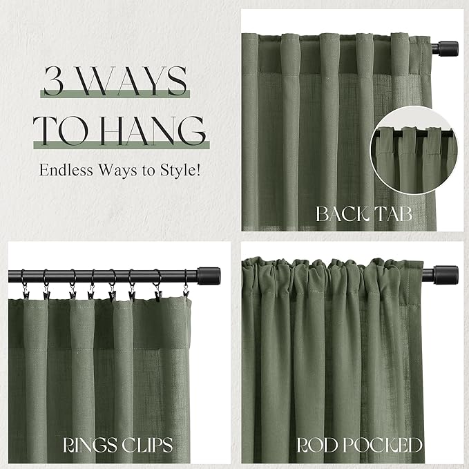 Jowels Olive Green Linen Curtains 86 Inch Long 2 Panels for Living Room | Loden Light Filtering Semi Sheer Curtain, Back Tab Pocket Pleated Look,Farmhouse Textured Privacy Drapes for Bedroom Window