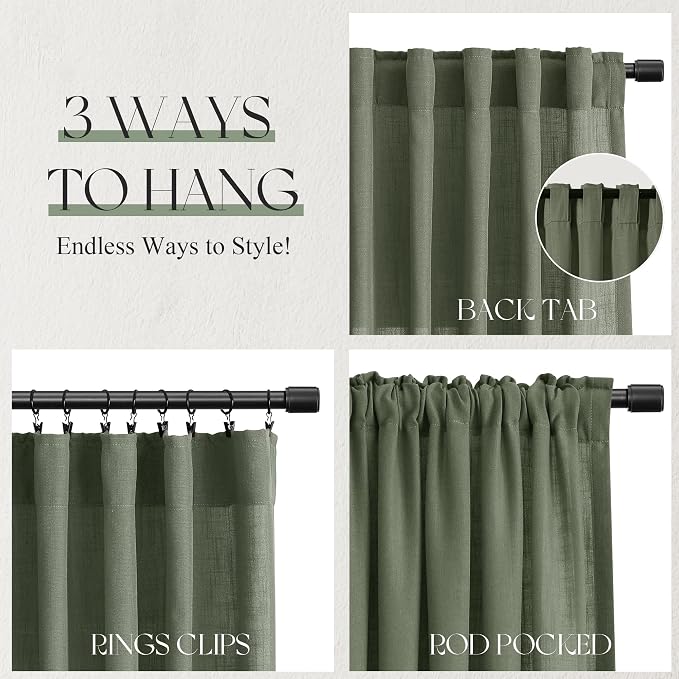 Jowels Olive Green Linen Curtains 96 Inch Long 2 Panels for Living Room | Loden Light Filtering Semi Sheer Curtain, Back Tab Pocket Pleated Look,Farmhouse Textured Privacy Drapes for Bedroom Window
