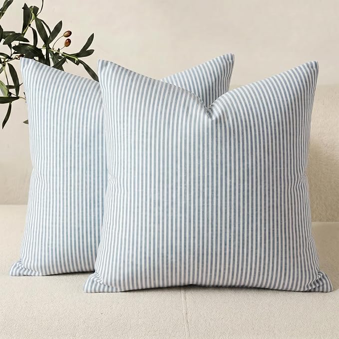 Coastal Decor Light Blue Striped Outdoor Throw Pillow Covers 20x20 Set of 2 | Blue and White Coastal Pillow Covers 20 x 20, Outdoor Porch Pillows for Patio Furniture, Blue Outside Pillows, Nautical Decor