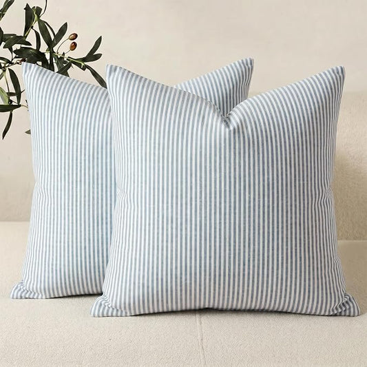 Coastal Decor Light Blue Striped Outdoor Throw Pillow Covers 20x20 Set of 2 | Blue and White Coastal Pillow Covers 20 x 20, Outdoor Porch Pillows for Patio Furniture, Blue Outside Pillows, Nautical Decor