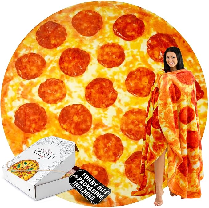 Zulay Kitchen Giant Double Sided Pepperoni Pizza with Gift Gift Packaging - Novelty Blanket for Adults & Kids - Soft Flannel Round Pepperoni Blanket for Indoors, Outdoors, Home, 285 GSM - 60 Inches